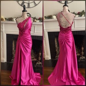 One shoulder fuchsia pink sparkly prom dress, formal dress or evening gown